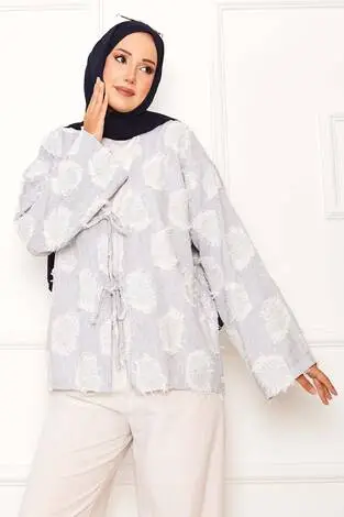 Püskül Detay Önü Bağlamalı Kimono Lacivert - Thumbnail