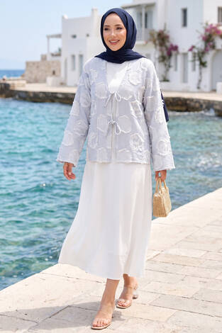 Püskül Detay Önü Bağlamalı Kimono Lacivert