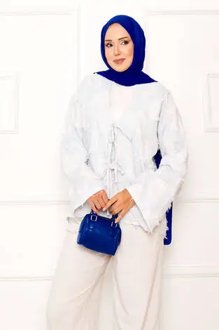 Püskül Detay Önü Bağlamalı Kimono Mavi - Thumbnail