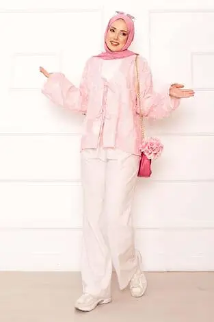 Püskül Detay Önü Bağlamalı Kimono Pembe - Thumbnail
