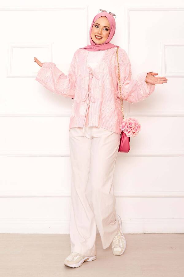Püskül Detay Önü Bağlamalı Kimono Pembe Püskül Detay Önü Bağlamalı Kimono Pembe