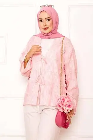 Püskül Detay Önü Bağlamalı Kimono Pembe - Thumbnail