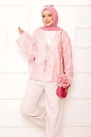 Püskül Detay Önü Bağlamalı Kimono Pembe - Thumbnail