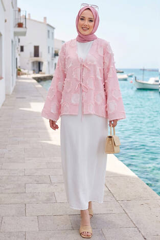 Püskül Detay Önü Bağlamalı Kimono Pembe - Thumbnail