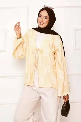 Püskül Detay Önü Bağlamalı Kimono Sarı - Thumbnail
