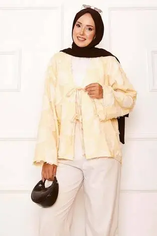 Püskül Detay Önü Bağlamalı Kimono Sarı - Thumbnail
