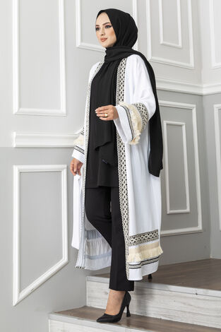 Püskül Detaylı Aerobin Tesettür Abaya Beyaz - Thumbnail