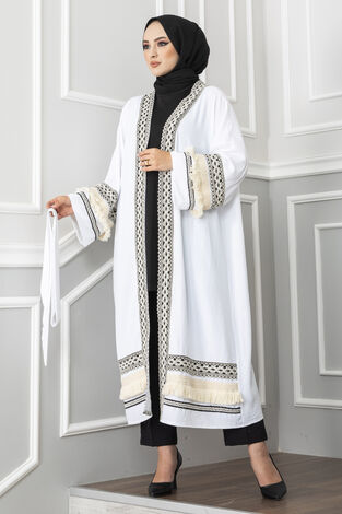 Püskül Detaylı Aerobin Tesettür Abaya Beyaz - Thumbnail