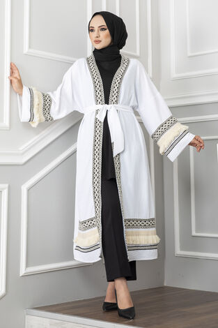 Püskül Detaylı Aerobin Tesettür Abaya Beyaz - Thumbnail