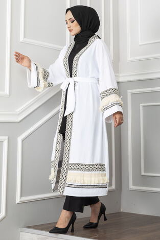 Püskül Detaylı Aerobin Tesettür Abaya Beyaz - Thumbnail