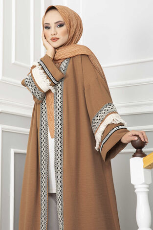 Püskül Detaylı Aerobin Tesettür Kimono Camel - Thumbnail