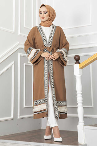 Püskül Detaylı Aerobin Tesettür Kimono Camel - Thumbnail