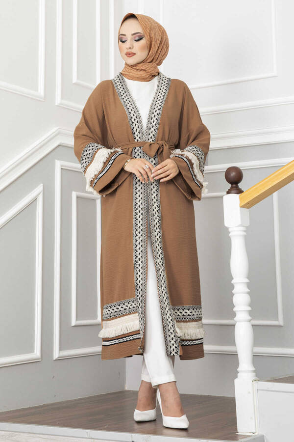 MD - Püskül Detaylı Aerobin Tesettür Kimono Camel