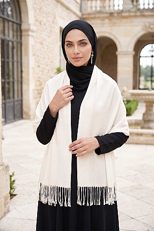 Püsküllü Omuz Şalı Bej - 2