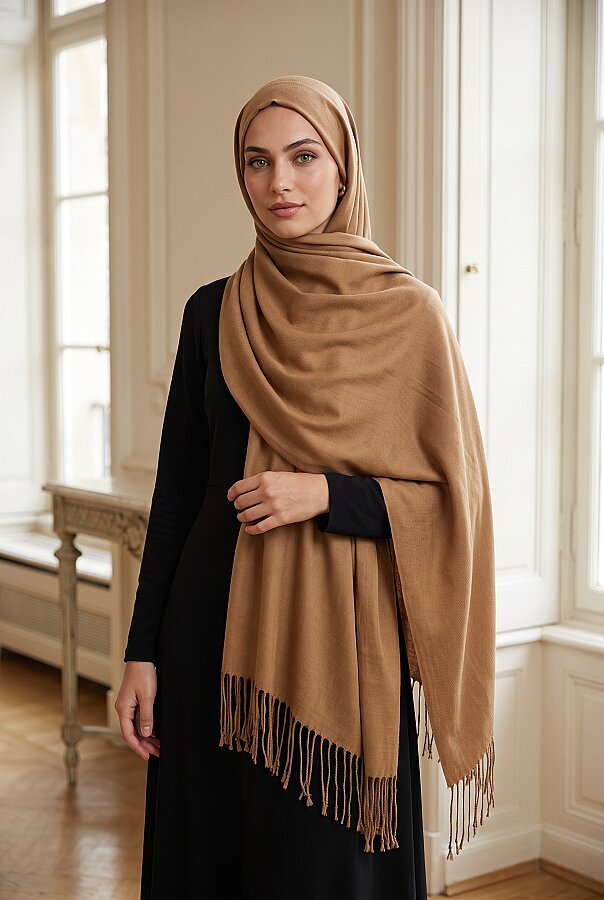 Püsküllü Omuz Şalı Camel