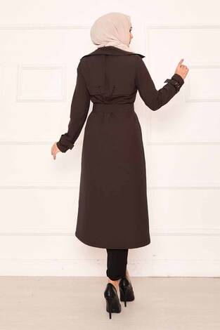 Rahat Kalıp Kruvaze Düğme Detaylı Kolları Ayarlanan Trençkot Kahve - Thumbnail