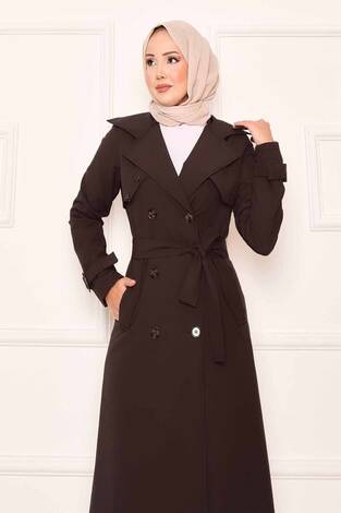 Rahat Kalıp Kruvaze Düğme Detaylı Kolları Ayarlanan Trençkot Kahve - Thumbnail