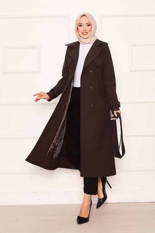 Rahat Kalıp Kruvaze Düğme Detaylı Kolları Ayarlanan Trençkot Kahve - Thumbnail