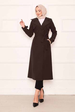 Rahat Kalıp Kruvaze Düğme Detaylı Kolları Ayarlanan Trençkot Kahve - Thumbnail