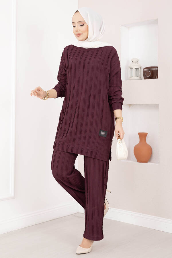 Mat - Rahat Kalıp Pantolonlu İkili Takım Bordo