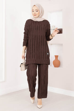 Rahat Kalıp Pantolonlu İkili Takım Kahve - Thumbnail