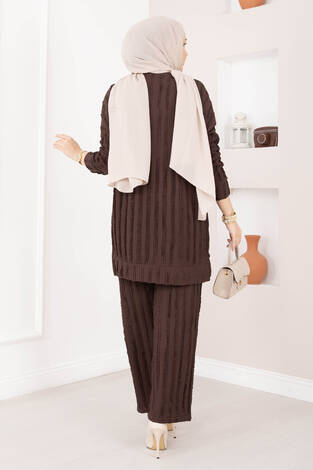 Rahat Kalıp Pantolonlu İkili Takım Kahve - Thumbnail