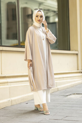 Rahat Kesim Beli Kuşaklı Tesettür Kimono 100MD-10475 Bej - Thumbnail