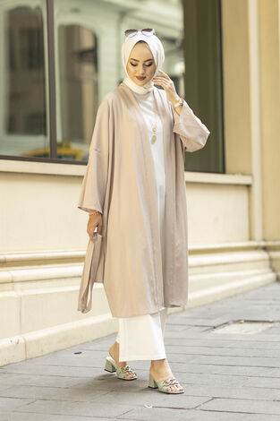 Rahat Kesim Beli Kuşaklı Tesettür Kimono 100MD-10475 Bej - Thumbnail