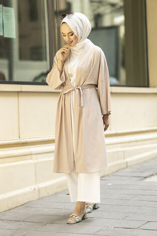 Rahat Kesim Beli Kuşaklı Tesettür Kimono 100MD-10475 Bej - Thumbnail