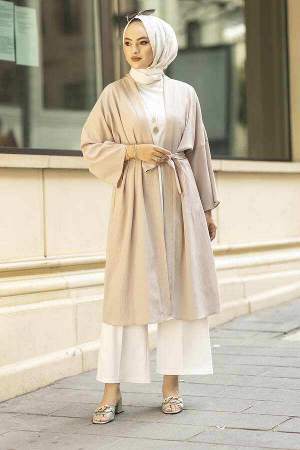 MD - Rahat Kesim Beli Kuşaklı Tesettür Kimono 100MD-10475 Bej