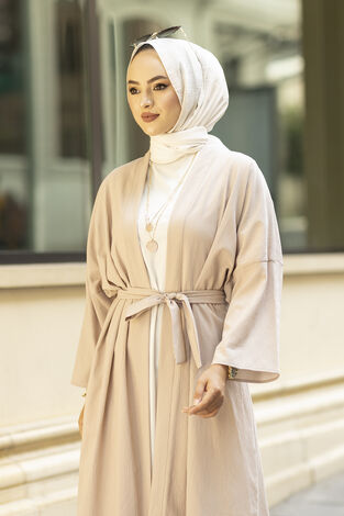 Rahat Kesim Beli Kuşaklı Tesettür Kimono 100MD-10475 Bej - Thumbnail