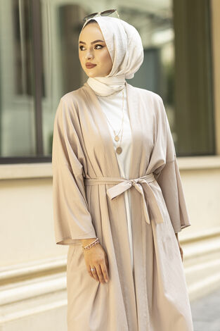 Rahat Kesim Beli Kuşaklı Tesettür Kimono 100MD-10475 Bej - Thumbnail