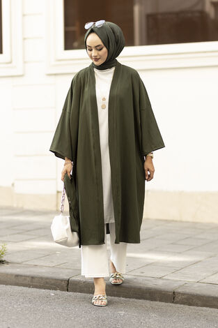 Rahat Kesim Beli Kuşaklı Kimono 100MD-10475 Haki - Thumbnail