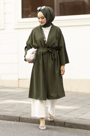 Rahat Kesim Beli Kuşaklı Kimono 100MD-10475 Haki - Thumbnail