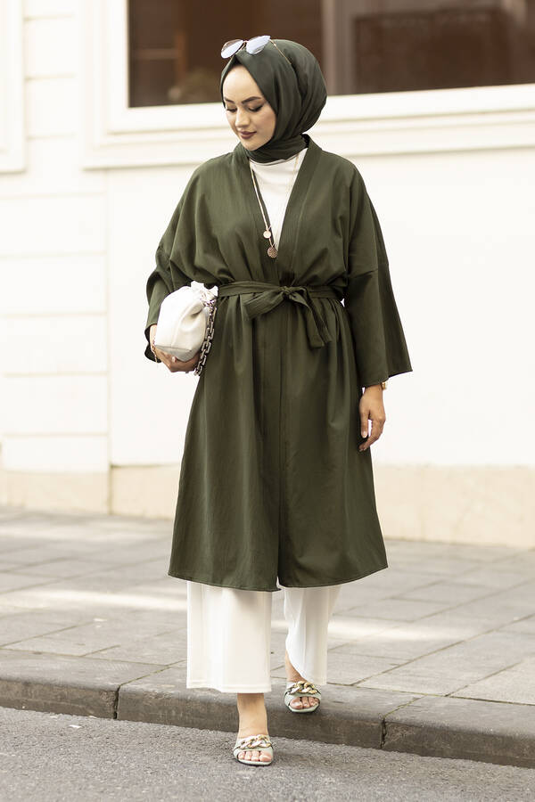 MD - Rahat Kesim Beli Kuşaklı Kimono 100MD-10475 Haki