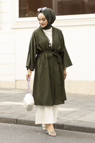 Rahat Kesim Beli Kuşaklı Kimono 100MD-10475 Haki - Thumbnail