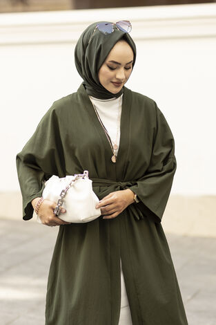Rahat Kesim Beli Kuşaklı Kimono 100MD-10475 Haki - Thumbnail