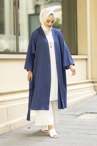 Rahat Kesim Beli Kuşaklı Tesettür Kimono 100MD-10475 İndigo - Thumbnail