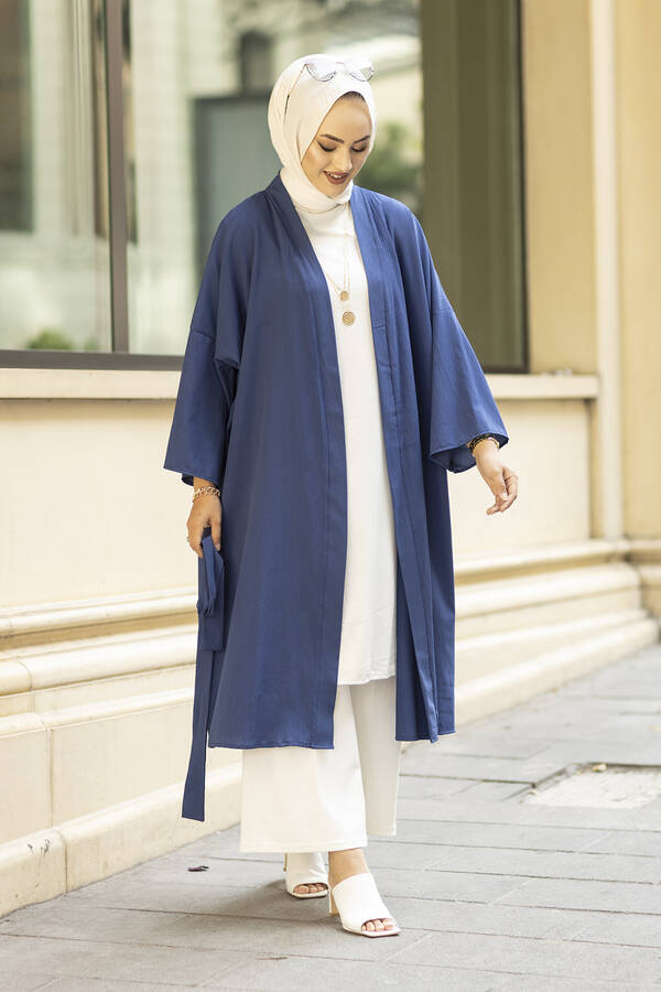 Rahat Kesim Beli Kuşaklı Kimono 100MD-10475 İndigo