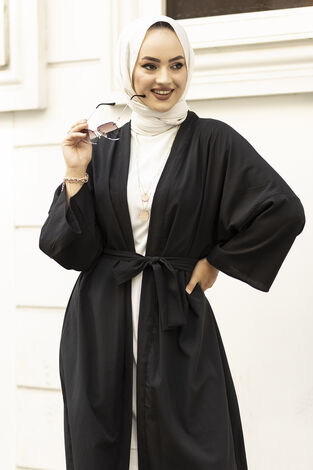 Rahat Kesim Beli Kuşaklı Kimono 100MD-10475 Siyah - Thumbnail