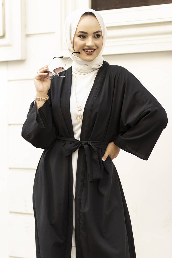Rahat Kesim Beli Kuşaklı Tesettür Kimono 100MD-10475 Siyah