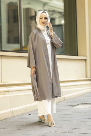 Rahat Kesim Beli Kuşaklı Tesettür Kimono 100MD-10475 Vizon - Thumbnail