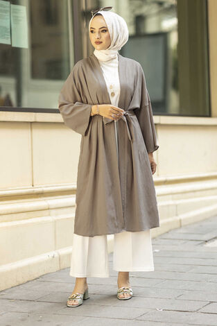 Rahat Kesim Beli Kuşaklı Tesettür Kimono 100MD-10475 Vizon - Thumbnail