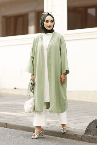 Rahat Kesim Beli Kuşaklı Kimono 100MD-10475 Yeşil - Thumbnail