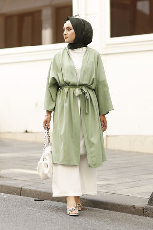Rahat Kesim Beli Kuşaklı Kimono 100MD-10475 Yeşil - Thumbnail