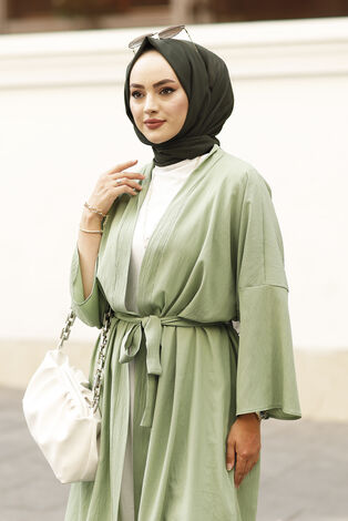 Rahat Kesim Beli Kuşaklı Kimono 100MD-10475 Yeşil - Thumbnail