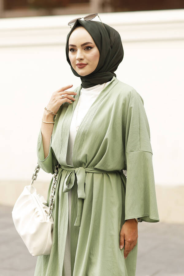 MD - Rahat Kesim Beli Kuşaklı Kimono 100MD-10475 Yeşil