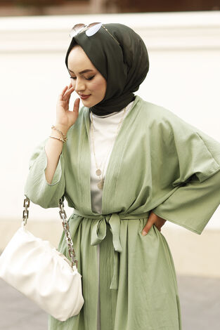 Rahat Kesim Beli Kuşaklı Kimono 100MD-10475 Yeşil - Thumbnail