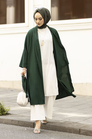 Rahat Kesim Beli Kuşaklı Tesettür Kimono 100MD-10475 Zümrüt - Thumbnail