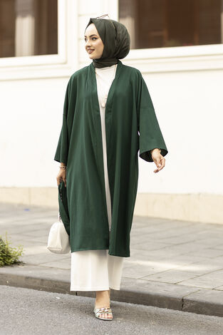Rahat Kesim Beli Kuşaklı Tesettür Kimono 100MD-10475 Zümrüt - Thumbnail
